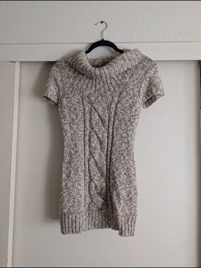 Short Cable-Knit Cowl Neck Sweater Mini Dress in Beige